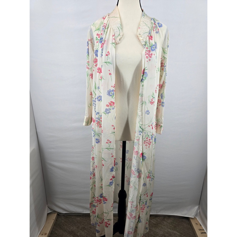 Vintage Floral Long Robe Cream Pink Blue‎ Nylon Duster Housecoat Medium 8586F